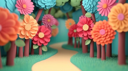 Wall Mural - whimsical paper flower forest path.