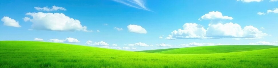 Wall Mural - serene landscape with green grass under blue sky and white clouds, blue, white, scenery