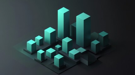 Wall Mural - Isometric city skyline at night, teal buildings, dark background.