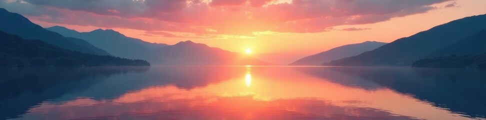 Wall Mural - sunset on a tranquil lake with misty mountains in the background, mountains, white, landscape