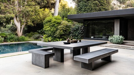 Wall Mural - Modern concrete outdoor dining set with benches near a pool and house.