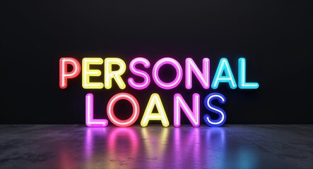 Wall Mural - personal loans word lettering colorful neon glowing text on plain black dark background