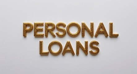 Poster - personal loans word lettering with glitter gold shining effect on plain white background