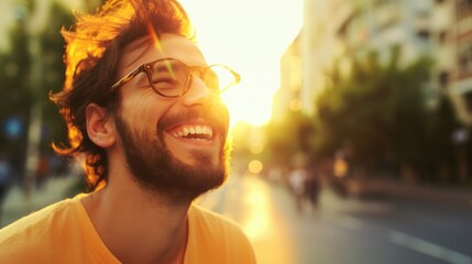 Wall Mural - A close-up portrait of a person laughing spontaneously, soft focus 