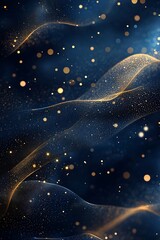 Navy blue elegant background with soft gold waves and sparkling dots.