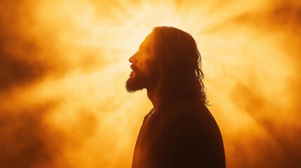 Dramatic artistic depiction of Jesus Christ in golden light, symbolizing spirituality, faith, resurrection, Easter, divinity, Christianity, hope, salvation, and religious devotion.