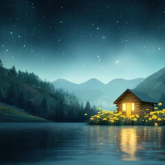 Wall Mural - Serene Cabin by the Lake Under Starry Night Sky