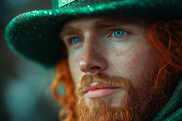 Close-up portrait of Irish man with freckles, red beard, and green hat, celebrating St. Patrick’s Day with striking blue eyes, cultural charm, and festive magical energy.