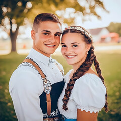 Smiling Couple in Traditional Attire Poses for a Photo Outdoors with Bokeh Background