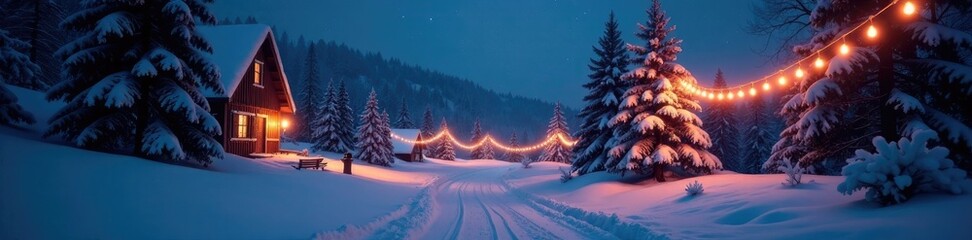 snowy landscape aglow with twinkling string lights, winter, night