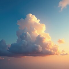 Wall Mural - Warm sunlight casts a golden glow on puffy white clouds suspended in the cerulean blue sky at dusk, sun, warm, light