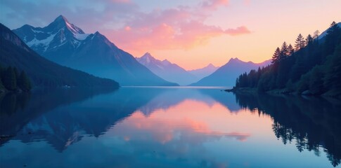 Wall Mural - blue gradient overlay on a serene mountain lake at sunrise, nature, serene