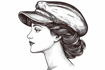 Wall Mural - Vintage Woman in Newsboy Cap Poses Elegantly in Profile View, a Classic Portrait Illustration