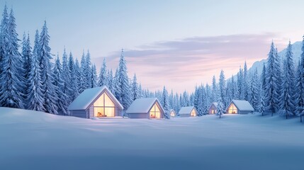 Wall Mural - Tranquil Winter Cabins in a Snowy Forest Landscape