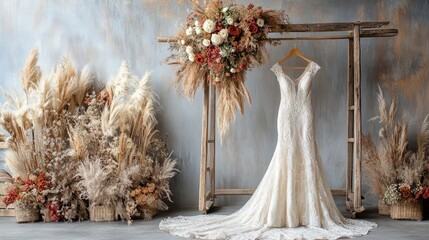 A luxurious eco-friendly wedding dress displayed on a rustic wooden clothing rack in a vintage room.