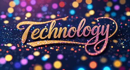 Wall Mural - technology calligraphic lettering on colorful bokeh glitter festive sparkles background