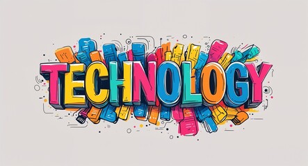 Wall Mural - technology colorful hand drawn lettering art design on plain white background