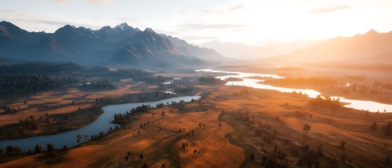 Wall Mural - Aerial Sunrise River Valley, Mountain View