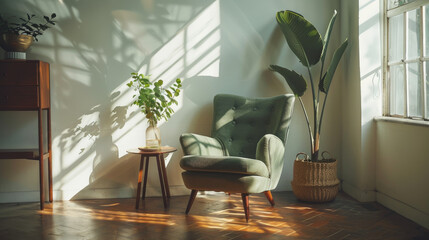 Wall Mural - Transform your living clean and bright interior with white walls green armchair and wooden side table bathed in morning sunlight