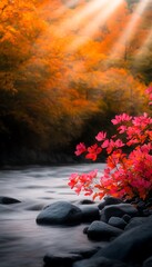 Wall Mural - Autumn River, Pink Flowers, Sunbeams, Forest, Calm