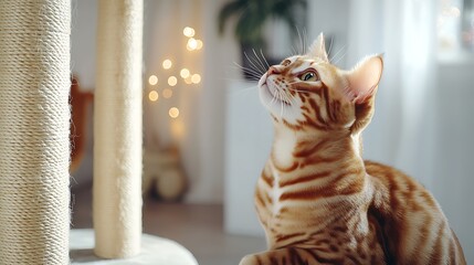 Poster - Bengal cat looking up, indoor, scratching post, bokeh