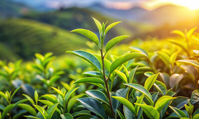 Wall Mural - a tea bush with young green fresh leaves illuminated by the rays of the sun