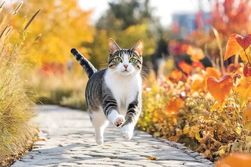 Poster - Cat running autumn garden path, vibrant foliage