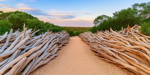 Poster - Coastal driftwood path sunset landscape