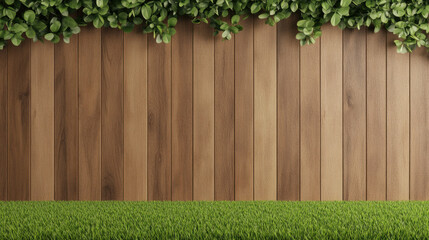 Wall Mural - wooden wall background with lush green foliage and grass creates serene outdoor atmosphere. This natural setting is perfect for various design projects