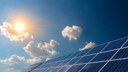 Solar Panels Under Bright Blue Sky with Vibrant Sunlight and Soft Clouds for Renewable Energy Concepts