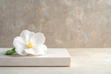 Wall Mural - delicate white flower rests on smooth stone surface, exuding tranquility and elegance. soft petals and subtle colors create serene atmosphere, perfect for relaxation