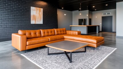 Sticker - Modern leather sofa in stylish open space with dark walls