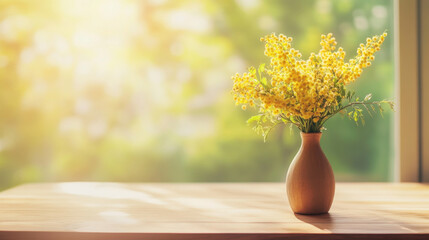 Wall Mural - vase with fresh mimosa flowers on wooden table, illuminated by soft sunlight, creates warm and inviting atmosphere. vibrant yellow blooms add cheerful touch to serene setting