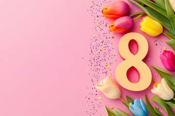 Wall Mural - vibrant and cheerful March 8th card featuring large number 8 surrounded by colorful tulips and confetti on pink background, celebrating International Women Day