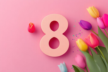 Wall Mural - vibrant and cheerful March 8th card featuring large pink number 8 surrounded by colorful tulips and confetti, perfect for celebrating International Women Day