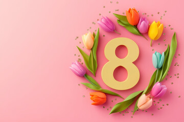 Wall Mural - vibrant and cheerful March 8th card featuring large number 8 surrounded by colorful tulips and green leaves on pink background, celebrating International Women Day