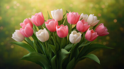 Wall Mural - vibrant bouquet of pink and white tulips, symbolizing beauty and joy, stands elegantly against soft, blurred background. This arrangement brings fresh and cheerful atmosphere to any space