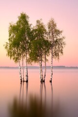 Canvas Print - Dawn Birch Trees Lake Serenity Peaceful Sunrise