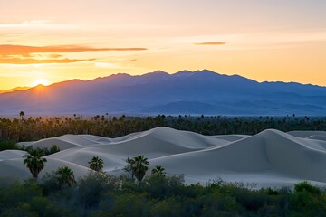 Wall Mural - Desert sunset dunes landscape, mountains