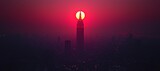 Cityscape sunrise, skyscraper silhouette, red sky, urban background, wallpaper