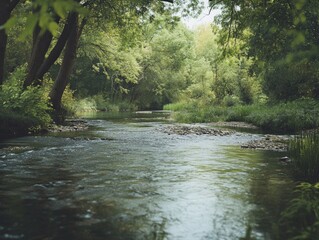 Wall Mural - Tranquil river flows through lush green forest, serene natural scene