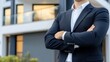 © Moopingz - Real estate agent in suit with crossed arms, stands in front of blurred modern building.
