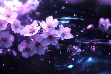 Poster - Stunning Pink Cherry Blossoms with Futuristic Abstract Background