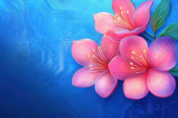 Poster - Pink Flowers on Blue Abstract Circuit Board Background Design