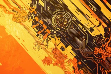 Wall Mural - Abstract Circuit Design with Floral Elements in Bright Orange Hues
