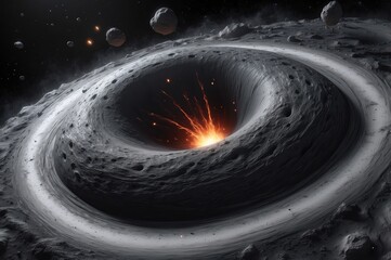 Volcanic eruption on a celestial body with swirling debris and asteroids.