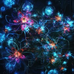 Poster - Vibrant Abstract Flowers with Futuristic Digital Elements