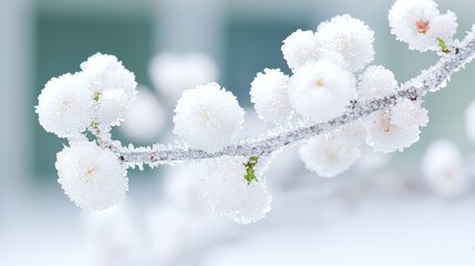 Wall Mural - Frosty plum blossoms on branch, snowy background; winter nature scene, seasonal card