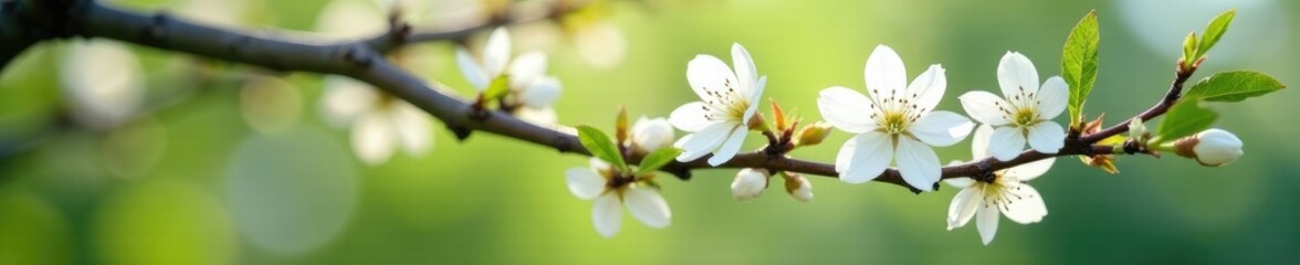 Wall Mural - Blooming tree branches with delicate white flowers, garden, botanical, wildflower