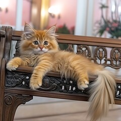 Poster - Kitten relaxing ornate bench, grand interior